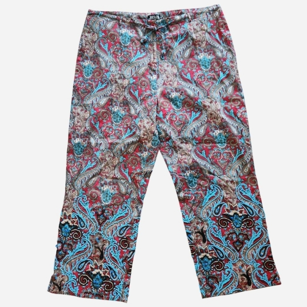Dolce Apparel Y2K Beaded Paisley Floral Cotton Straight Cropped Pant Size XL